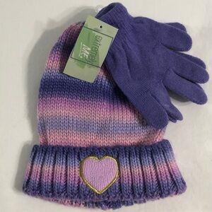 Purple and Pink Striped Kids Beanie and Gloves Set. One size